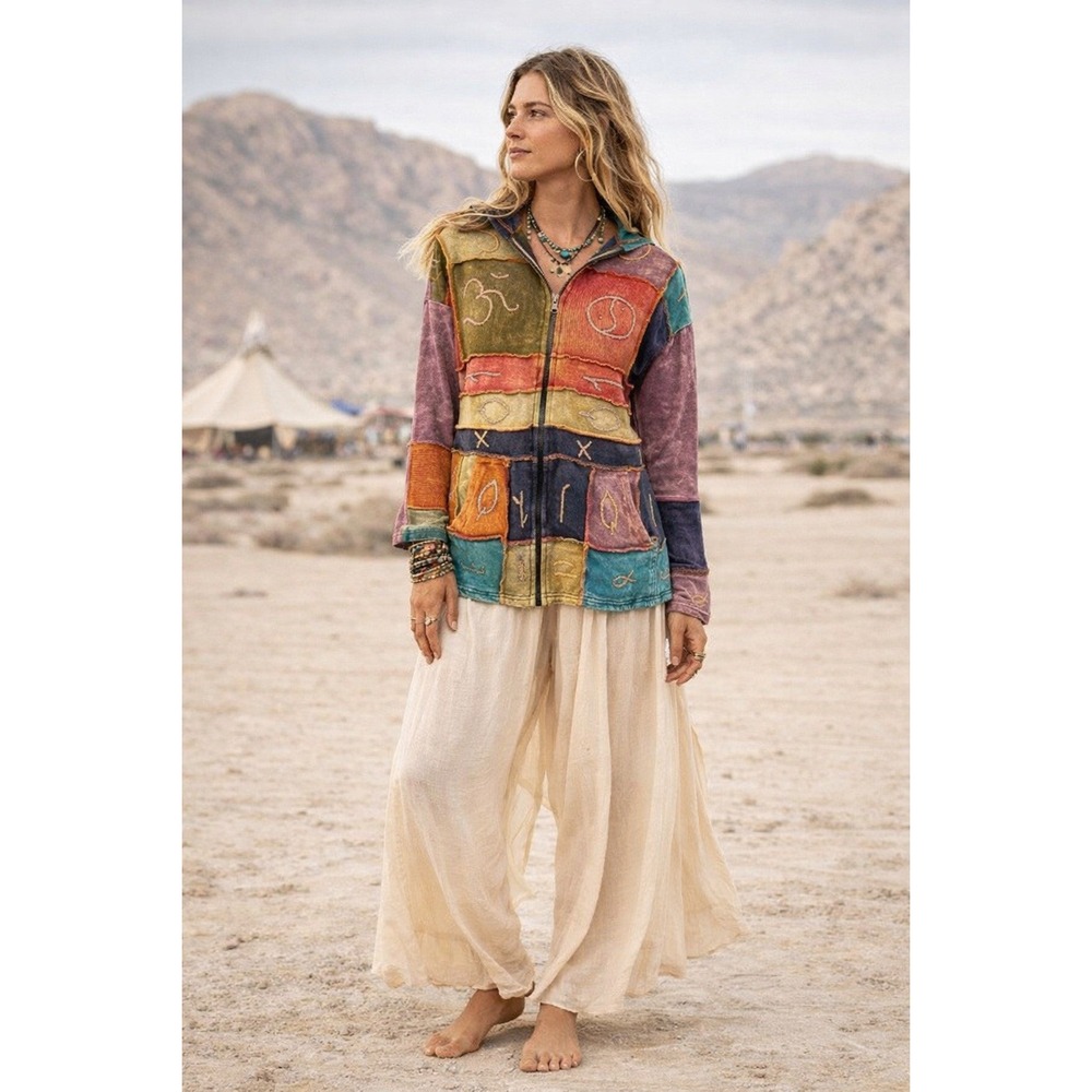 Boho Patchwork Hoodie Jacket‎ Women L Embroidered Hippie Festival Artsy Zip